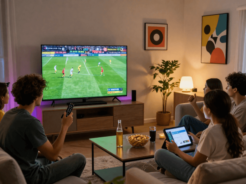 Friends enjoying a live football match on Rakhoi TV in a cozy living room.